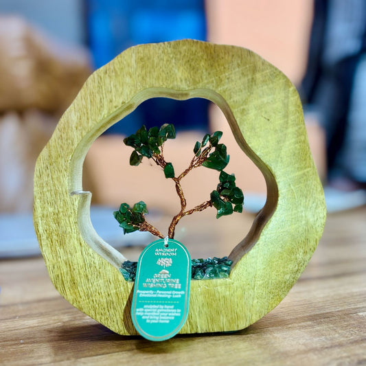 Jardín del Árbol de Piedras Preciosas - Anillo de Madera de Mango - Aventurina Verde - 60 chips de piedra