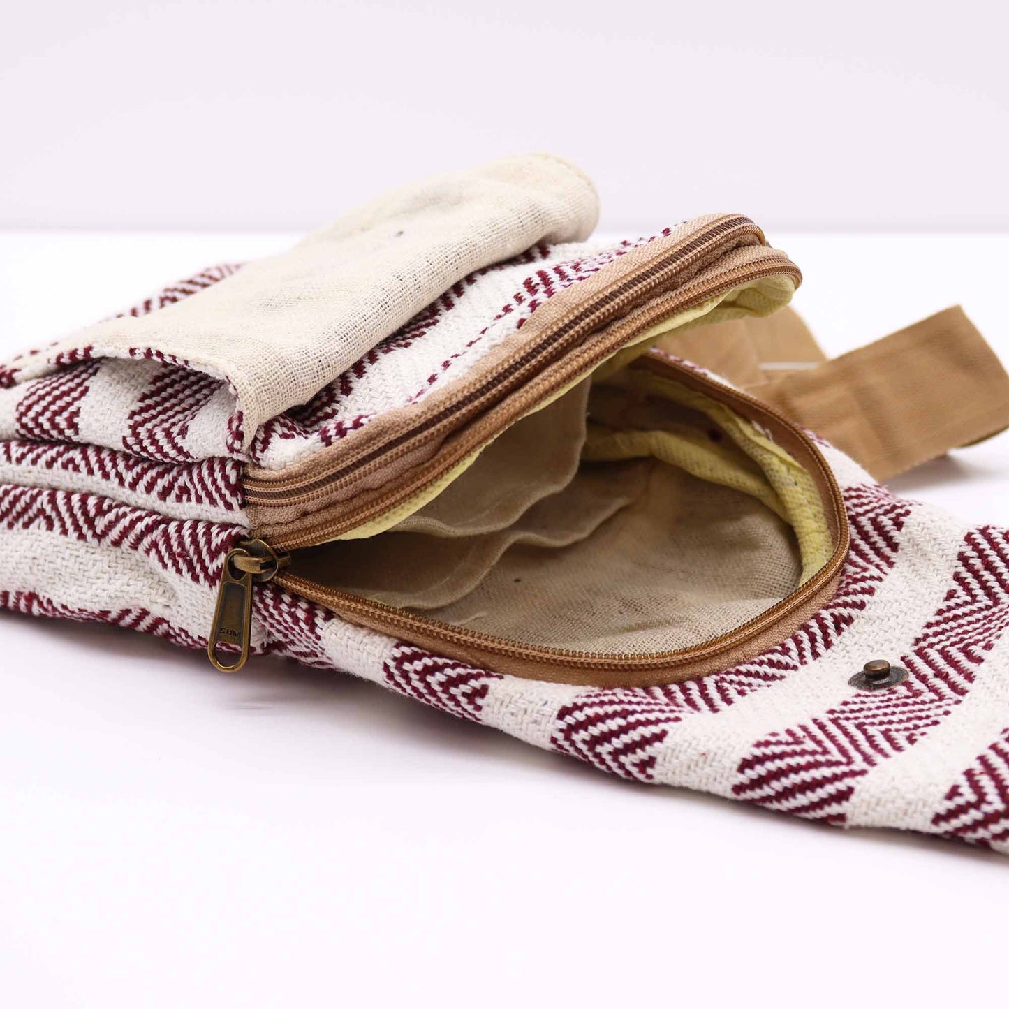 Bolso Bandolera de Algodon Natural - Burdeos y Blanco