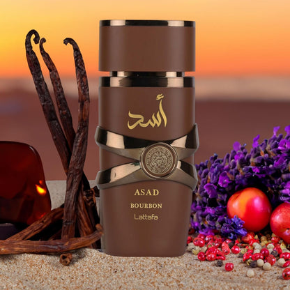 LATTAFA ASAD BOURBON Eau de Parfum Spray Unisex - Fragancia Sofisticada con Notas de Pimienta Rosa, Lavanda y Vainilla Bourbon